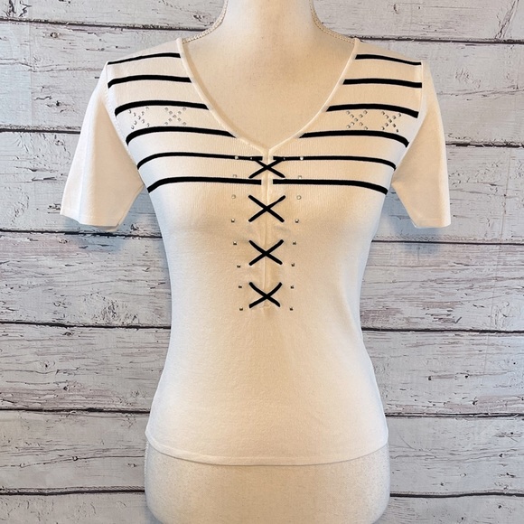 Jessy Line Tops - JESSY LINE (Roma) T-Shirt Vintage V-Neck White w Black Stripes Lacing & Rivets-S